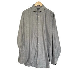 Thomas Dean Mens Pima Cotton Gray Plaid Flip Cuffs Casual Shirt L